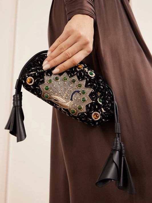 Image of Bags. Product name - Cloud 91 Peacock Small Embellished Embroidered Leather-trimmed Velvet Clutch in Black colour by brand - Zimmermann
