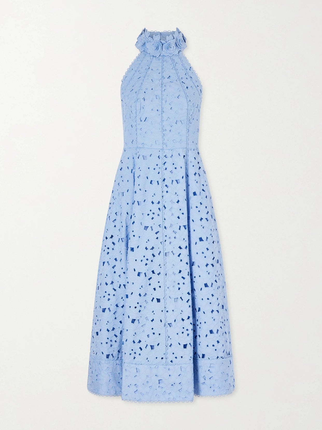 Image of Dresses. Product name - Nuvola Appliquéd Broderie Anglaise Cotton Halterneck Midi Dress in Blue colour by brand - Rebecca Vallance