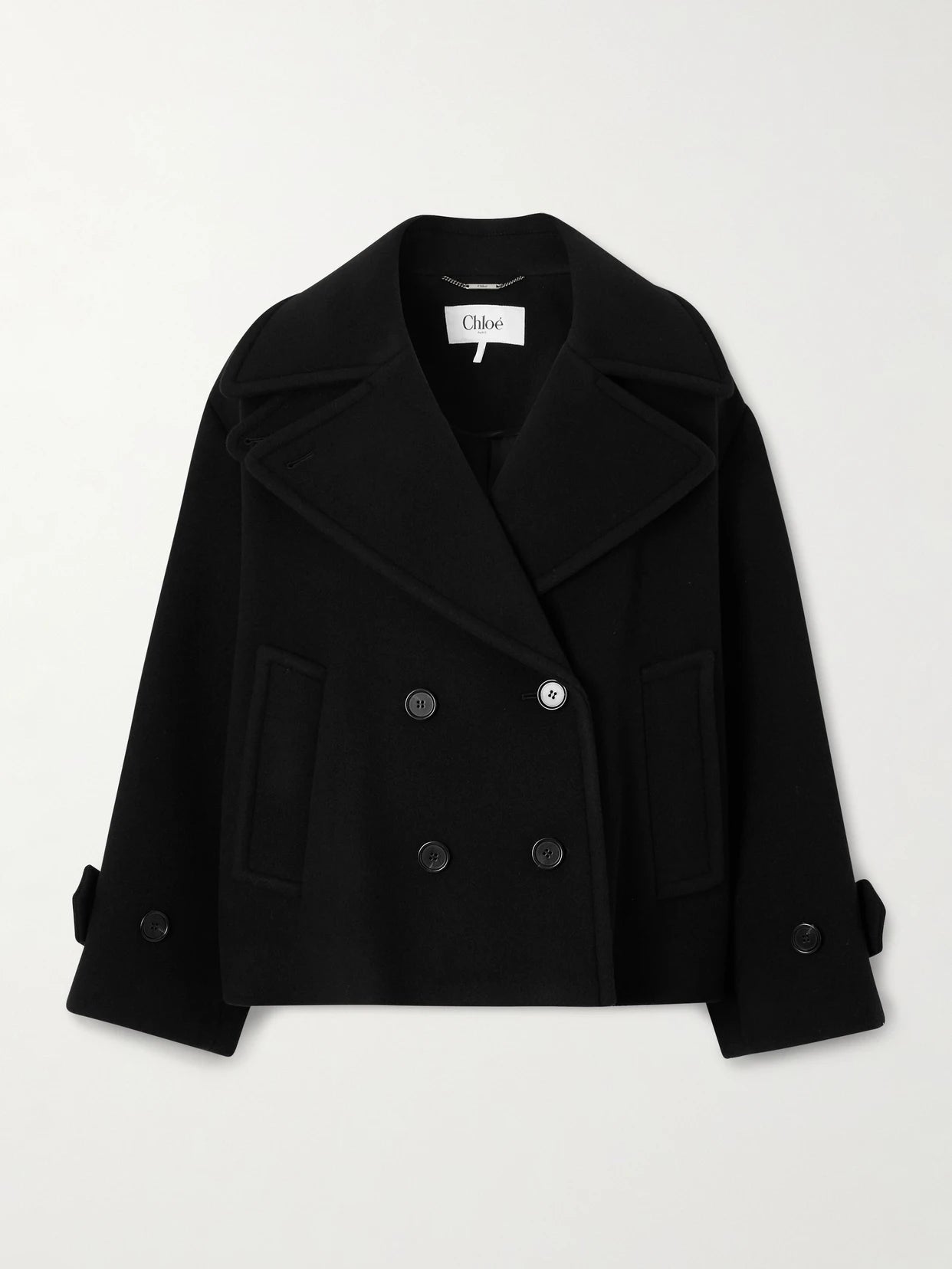 Image of Coats & Jackets. Product name - Overszied Double-breasted Wool-blend Coat in Black colour by brand - Chloé