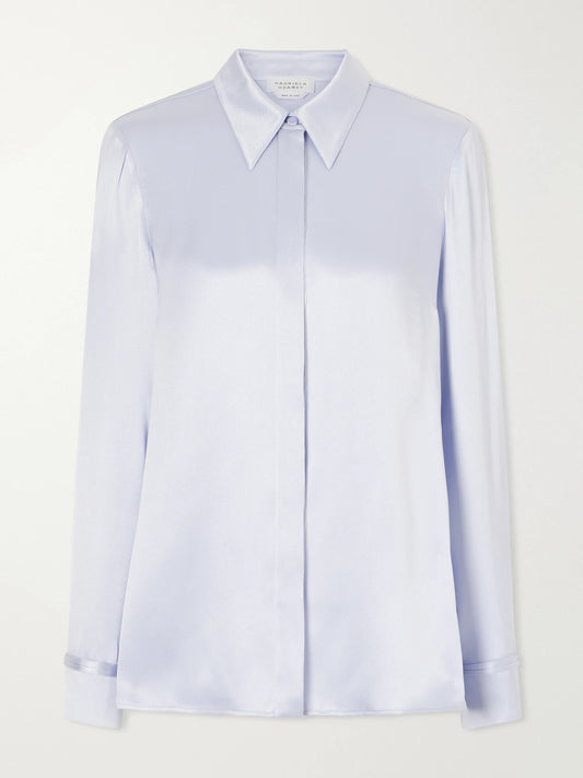 Image of a model wearing Tops. Product name - Cruz Silk-satin Shirt in Sky blue colour by brand - Gabriela Hearst