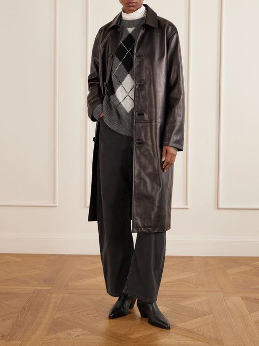 Image of a model wearing Outerwear. Product name - Donnika Argyle Cashmere And Silk-blend Sweater in Gray colour by brand - Nili Lotan
