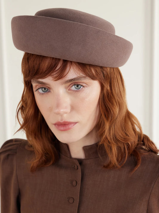 Image of Hats. Product name - Laura Wool And Cotton-blend Felt Pillbox Hat in Taupe colour by brand - Gigi Burris