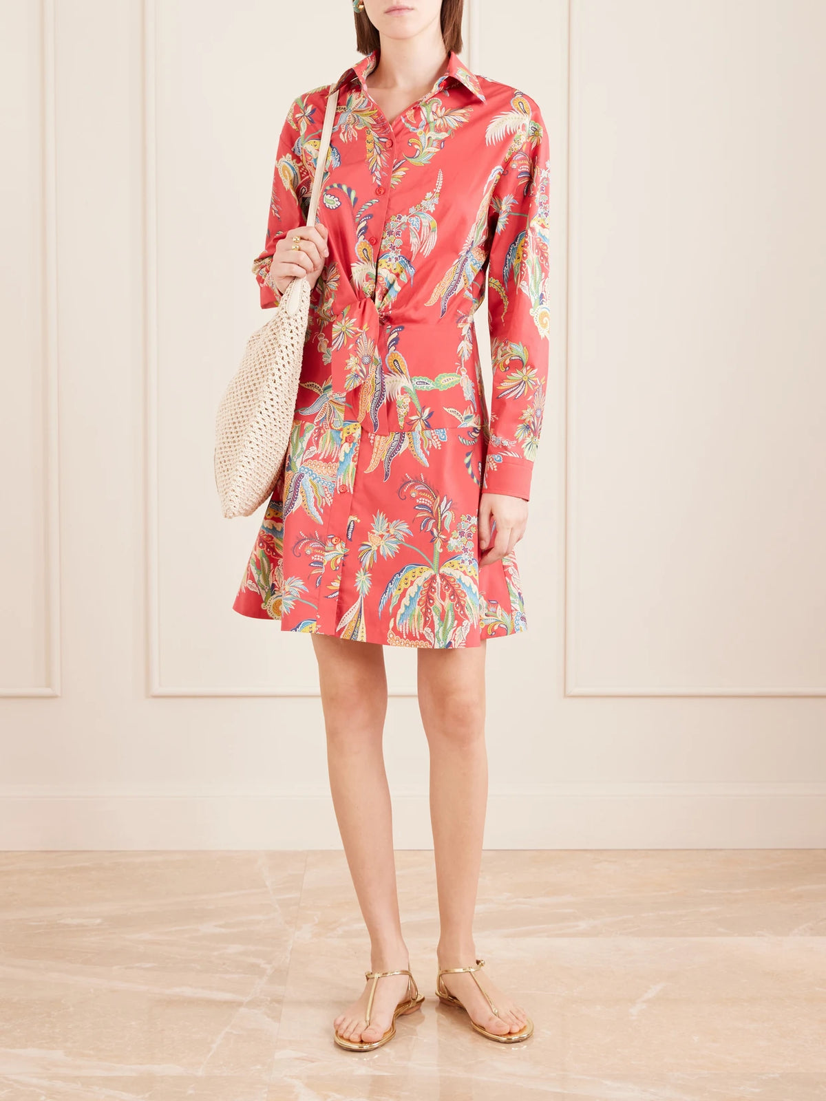Image of Dresses. Product name - Knotted Printed Cotton-blend Mini Dress in Red colour by brand - Etro