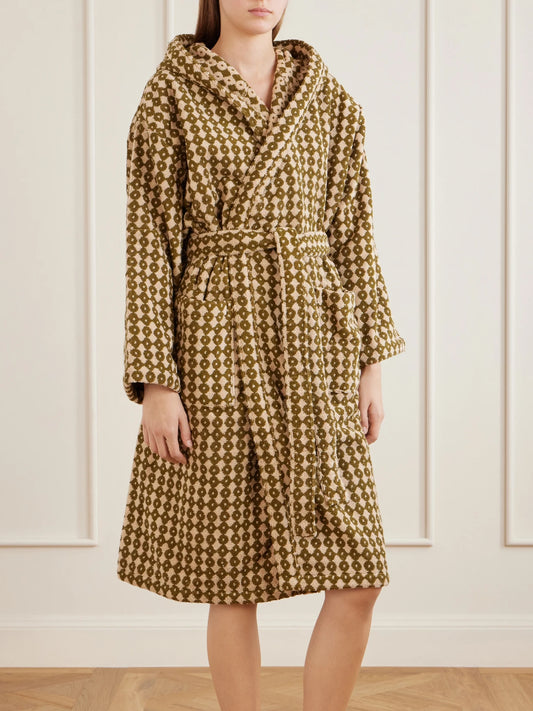 Image of Lingerie. Product name - Hanna Printed Cotton-terry Bathrobe in Sage green colour by brand - Autumn Sonata