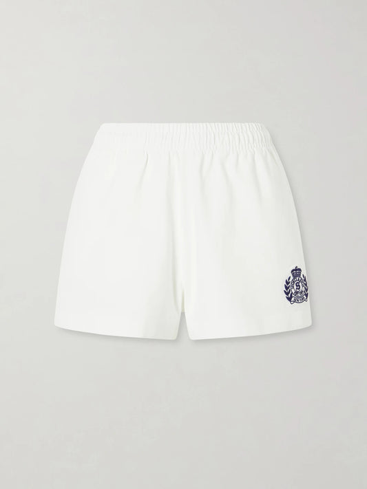 Image of Sleepwear & Loungewear. Product name - Logo-embroidered Cotton Shorts in White colour by brand - Sporty & Rich