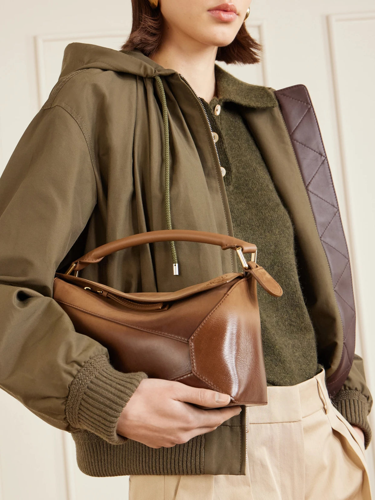 Image of Bags. Product name - Puzzle Edge Small Patent-nubuck Shoulder Bag in Brown colour by brand - LOEWE