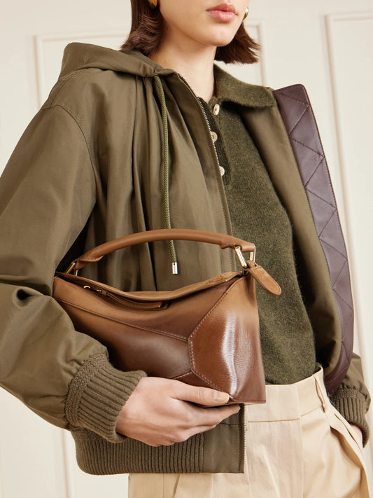 Image of Bags. Product name - Puzzle Edge Small Patent-nubuck Shoulder Bag in Brown colour by brand - LOEWE
