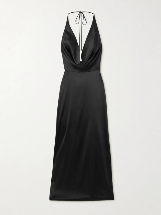 Image of Dresses. Product name - Carla Draped Silk-blend Satin Halterneck Maxi Dress in Black colour by brand - ÉTERNE