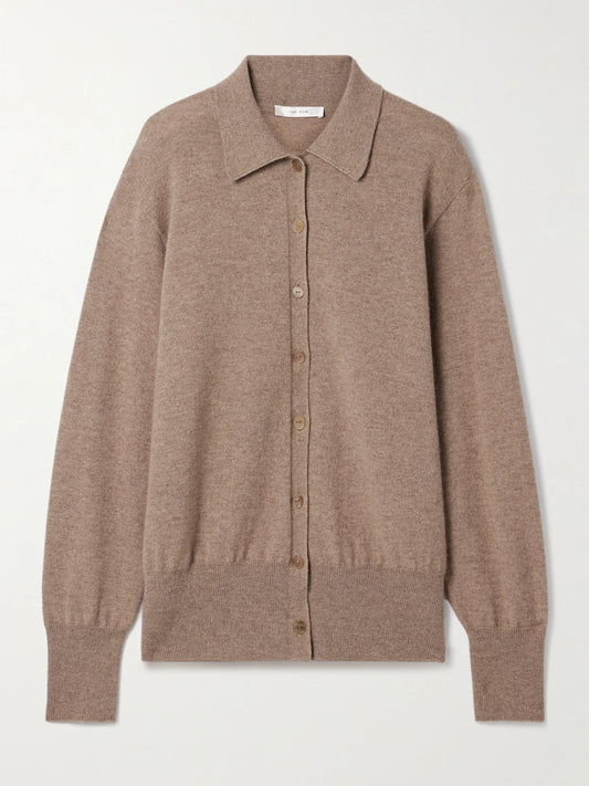 Image of a model wearing Outerwear. Product name - Lillia Cashmere Cardigan in Taupe colour by brand - The Row