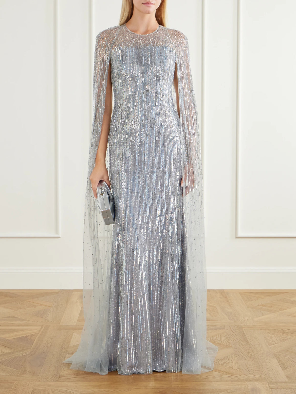 Image of Dresses. Product name - Cosmic Dust Sequin-embellished Gown in Silver colour by brand - Jenny Packham