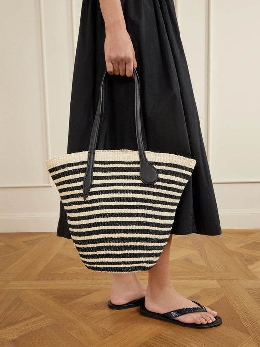 Image of Bags. Product name - Striped Leather-trimmed Sisal Shoulder Bag in Black colour by brand - Liffner