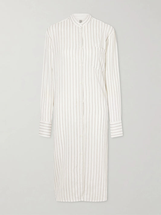 Image of Dresses. Product name - Striped Voile Midi Dress in White colour by brand - TOTEME
