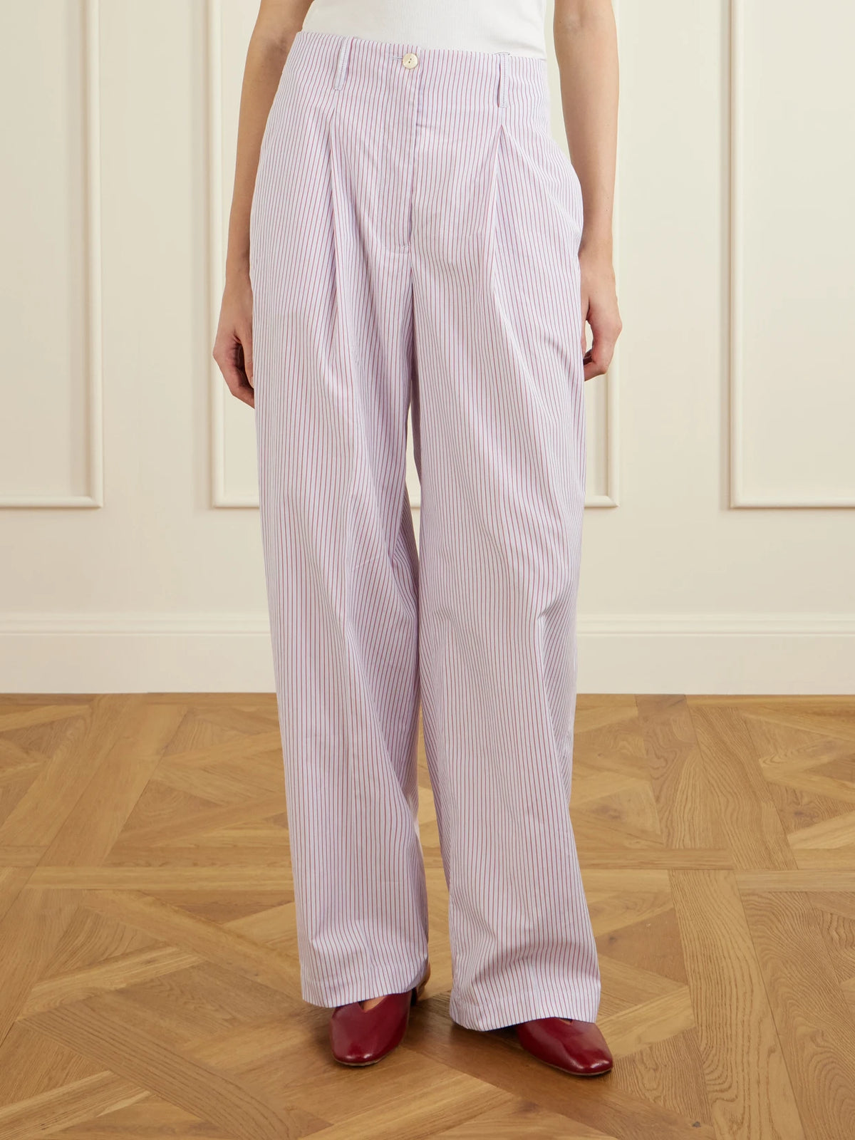 RÙADH Dean Pleated Striped Organic Cotton-poplin Wide-leg Pants