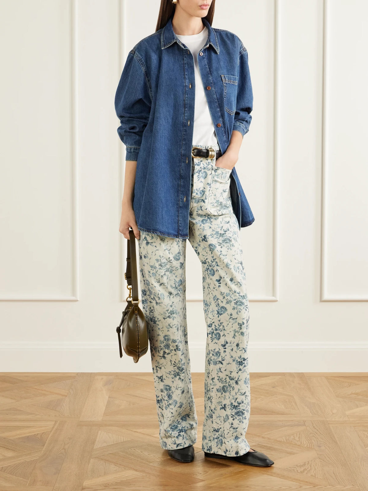 Image of Jeans. Product name - Floral-print High-rise Straight-leg Jeans in White colour by brand - RRL