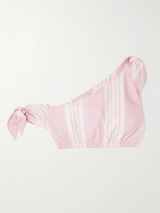 Image of Neckties. Product name - Rosie Cropped One-shoulder Tie-detailed Striped Cotton Top in Pink colour by brand - Posse