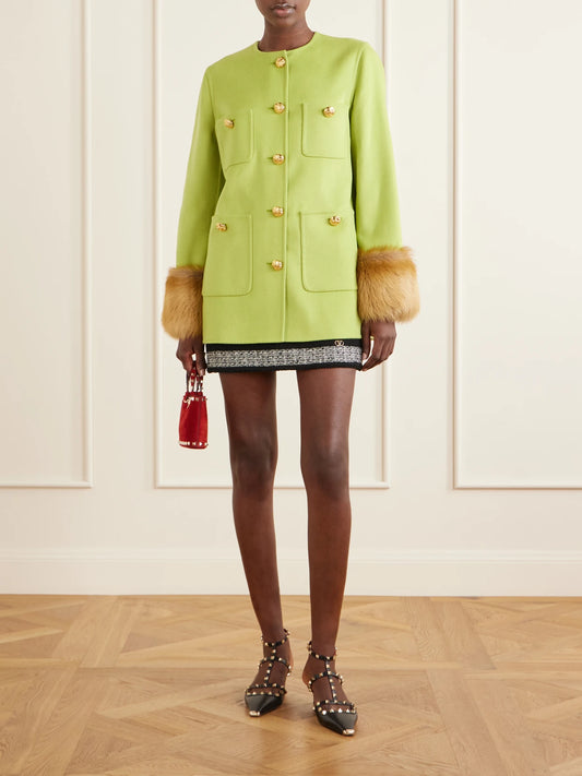 Image of Coats & Jackets. Product name - Shearling-trimmed Wool And Cashmere-blend Coat in Light green colour by brand - Valentino Garavani