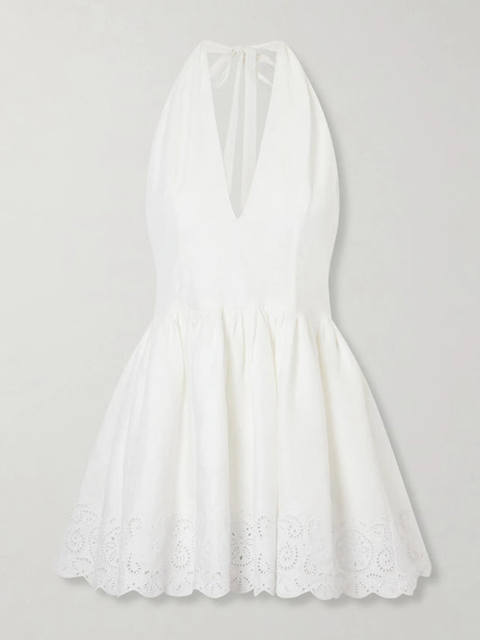Image of Dresses. Product name - Grazia Gathered Linen Mini Dress in White colour by brand - STAUD