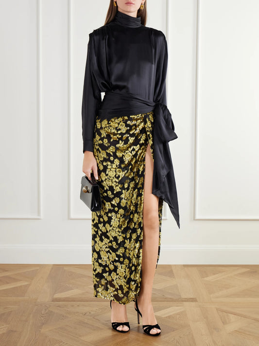 Image of a model wearing Tops. Product name - Belted Gathered Silk-satin Blouse in Black colour by brand - Balmain