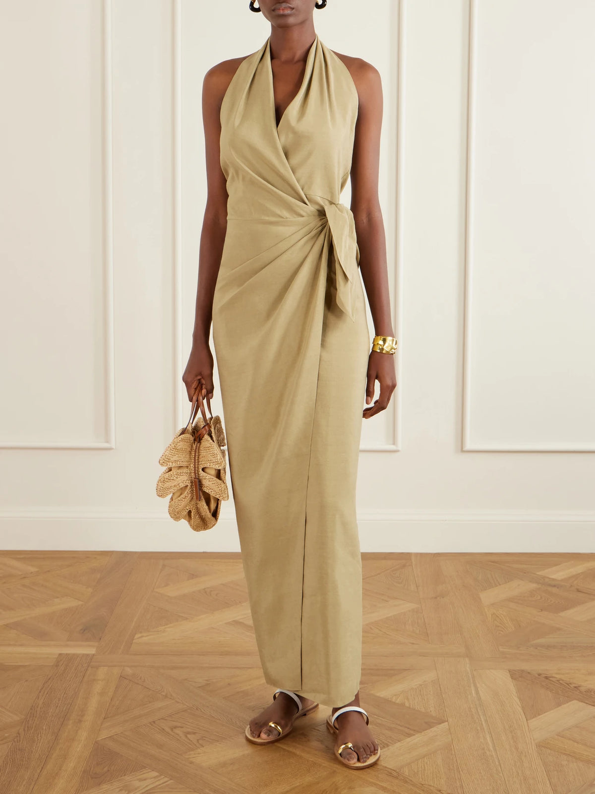 Image of Dresses. Product name - Mona Halterneck Linen And Silk-blend Maxi Dress in Green colour by brand - Cortana