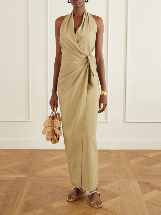 Image of Dresses. Product name - Mona Halterneck Linen And Silk-blend Maxi Dress in Green colour by brand - Cortana