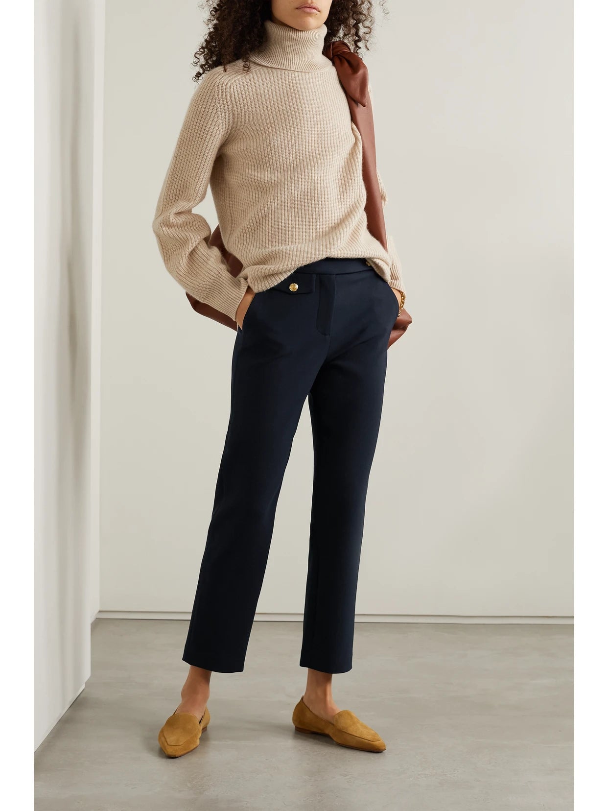 Image of a model wearing Pants. Product name - Renzo Cropped Woven Straight-leg Pants in Blue colour by brand - Veronica Beard