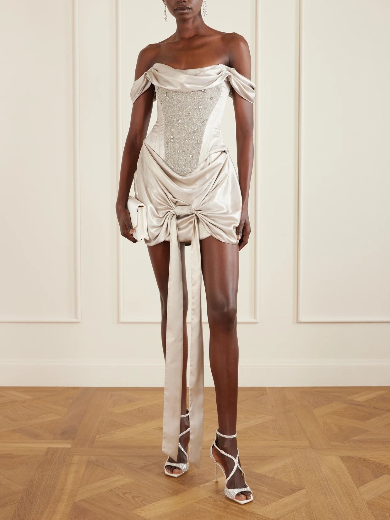 Image of Dresses. Product name - Paloma Convertible Draped Embellished Satin Mini Dress in Silver colour by brand - Clio Peppiatt