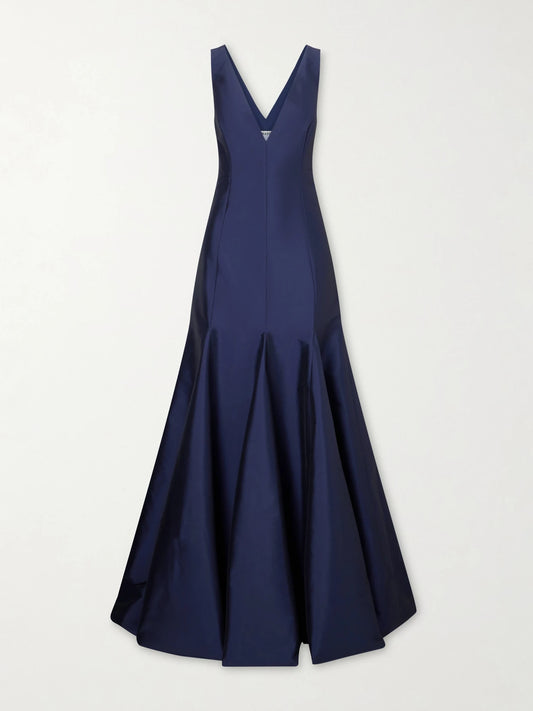 Image of Dresses. Product name - Aurelia Paneled Crepe Gown in Midnight blue colour by brand - BERNADETTE