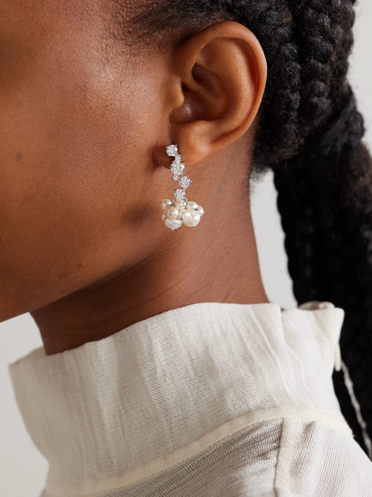 Image of Earrings. Product name - Rhodium-plated Recycled Silver Pearl And Crystal Earrings in White colour by brand - Completedworks