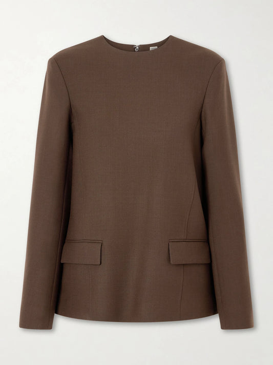 Image of a model wearing Tops. Product name - Twill Blouse in Brown colour by brand - TOTEME