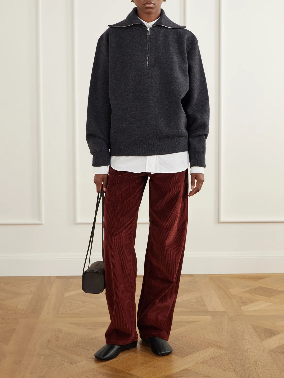 Image of Sleepwear & Loungewear. Product name - Wool-blend Half-zip Sweater in Charcoal colour by brand - RÓHE