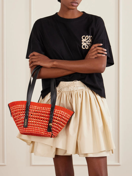 Image of Bags. Product name - + Paula's Ibiza Braid Basket Small Leather-trimmed Raffia Shoulder Bag in Red colour by brand - LOEWE