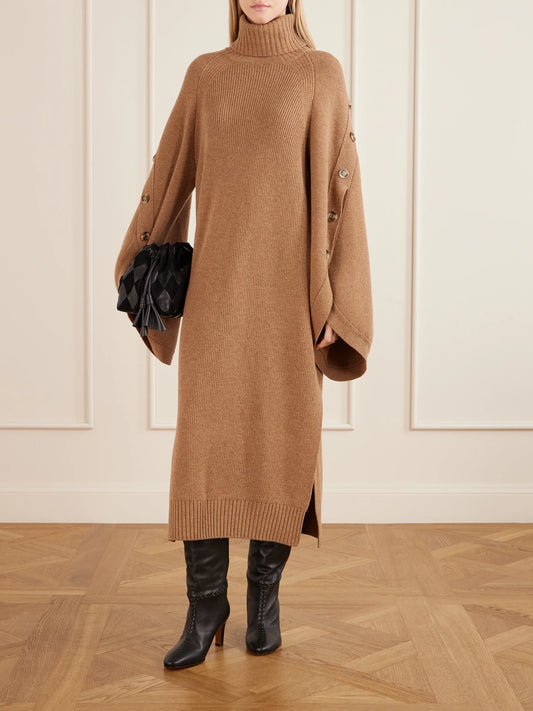 Image of Dresses. Product name - Valiant Buttoned Merino Wool Midi Dress in Brown colour by brand - Zimmermann