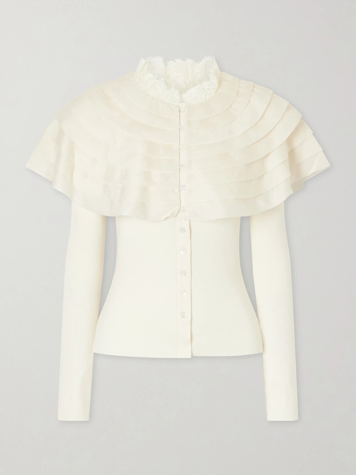 Wanda Ruffled Lace And Brocade-trimmed Wool Cardigan