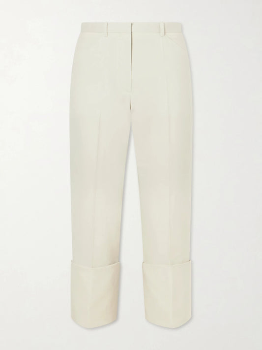 Image of a model wearing Pants. Product name - Ramie-blend Twill Straight-leg Pants in Beige colour by brand - Calvin Klein Collection