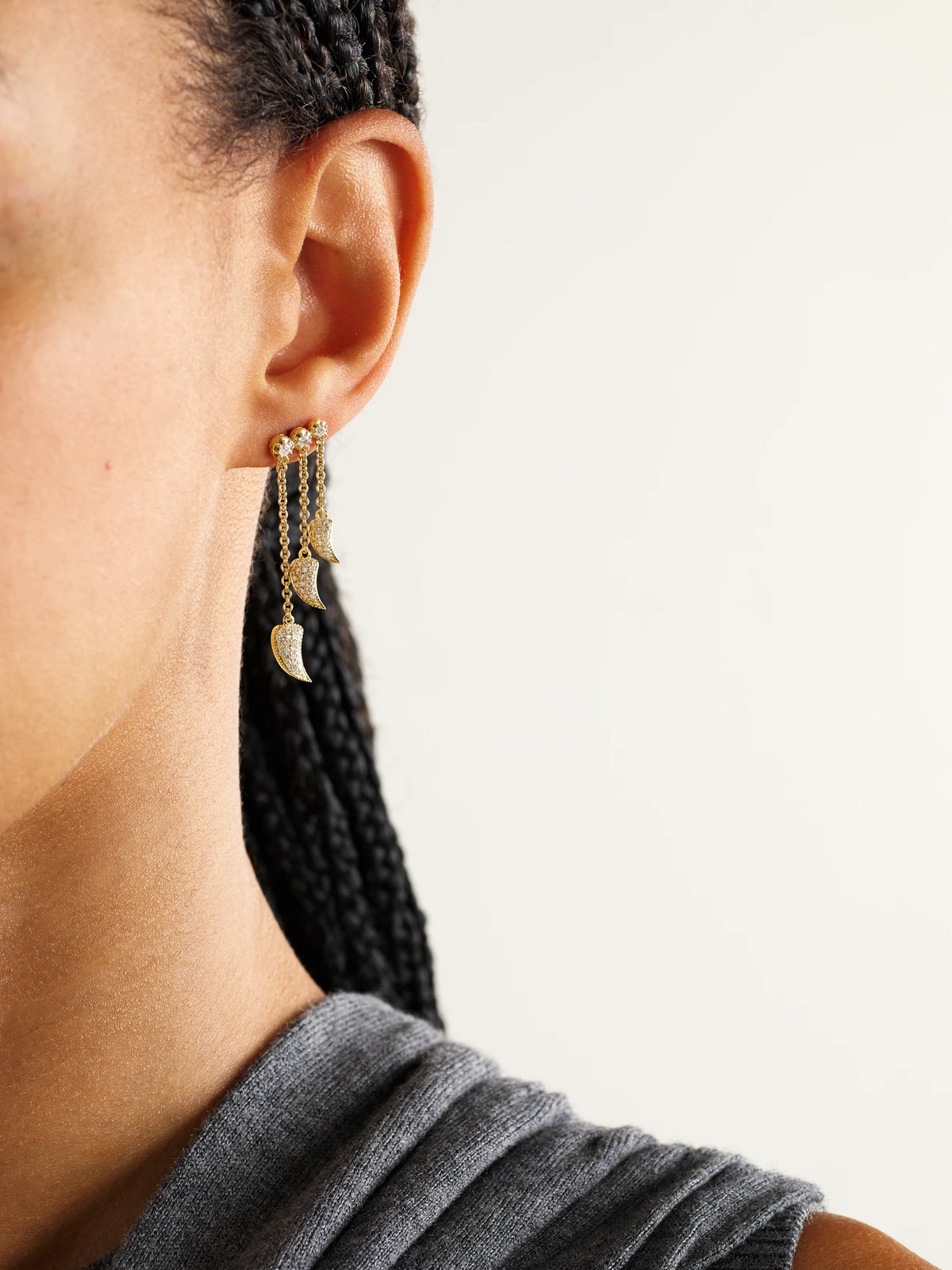Image of Earrings. Product name - Triple Sophia 14-karat Gold Diamond Single Earring in Multi colour by brand - Jacquie Aiche