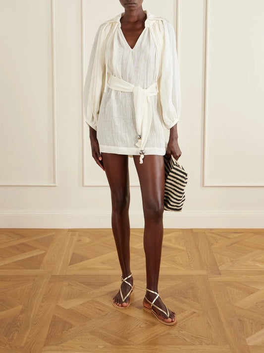 Image of Dresses. Product name - Poet Belted Linen Mini Dress in White colour by brand - Lisa Marie Fernandez