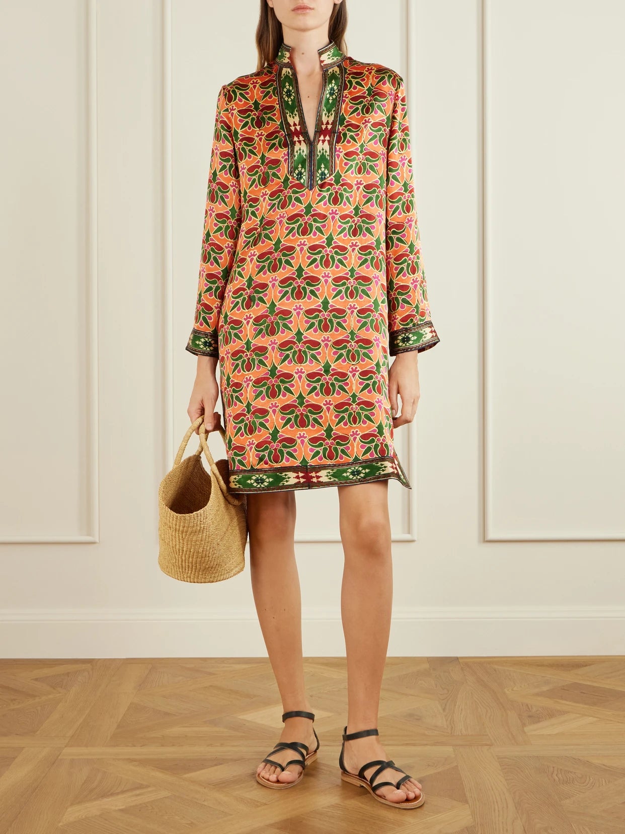 Image of Dresses. Product name - Liora Jewelry Mare Printed Silk-satin Coverup in Orange colour by brand - Emporio Sirenuse
