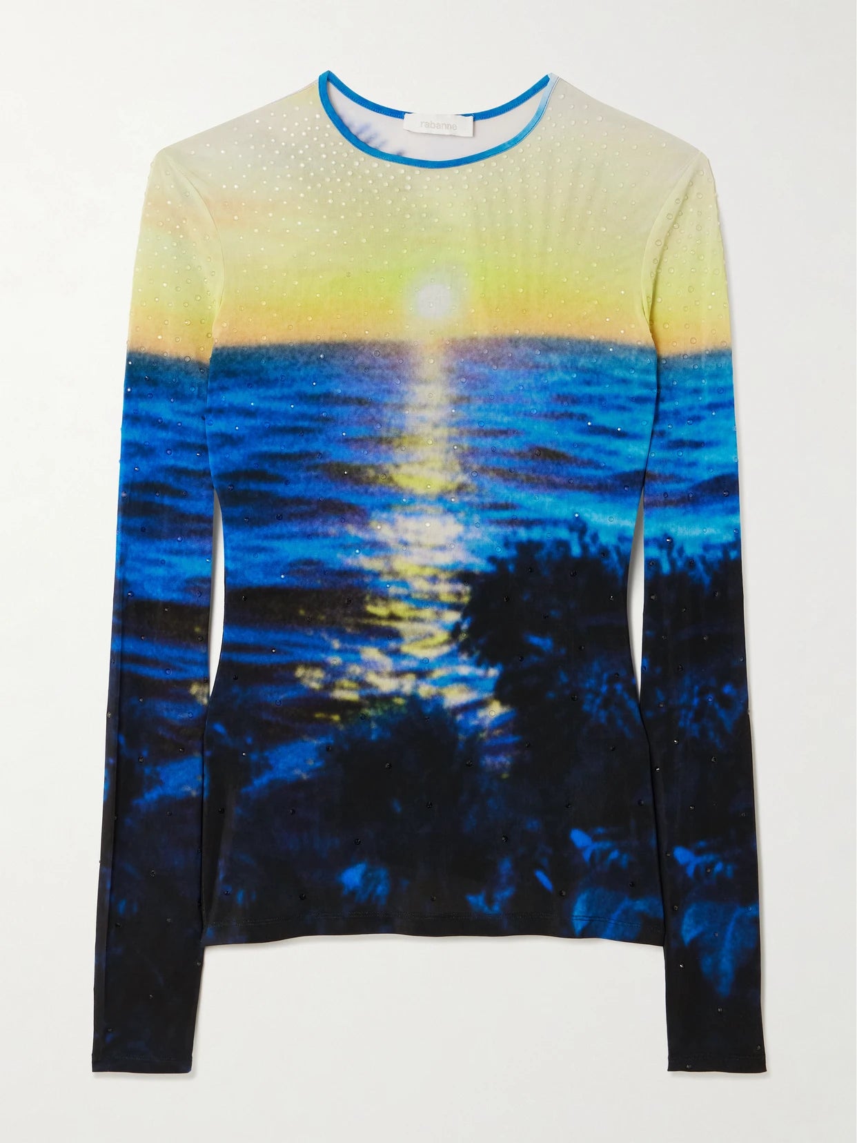 Image of a model wearing Tops. Product name - Crystal-embellished Printed Jersey T-shirt in Blue colour by brand - RABANNE