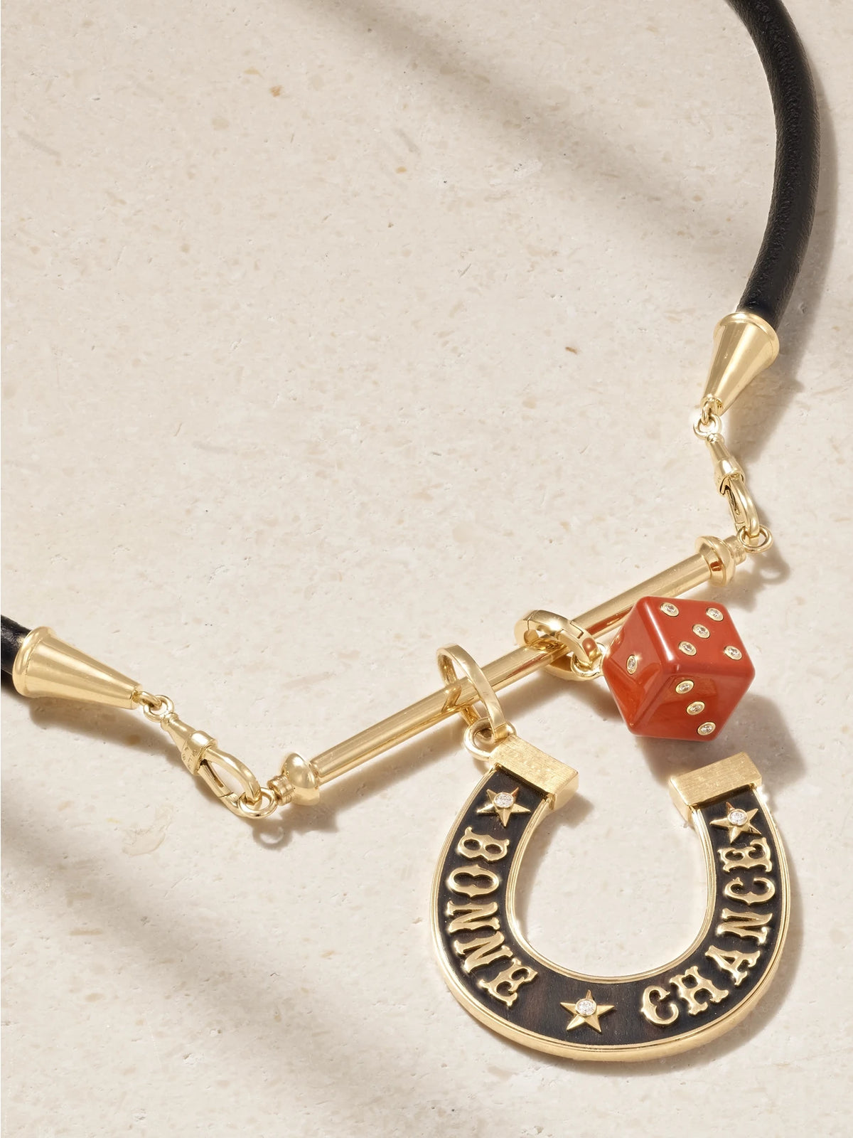 Lasso, Jasper Dado And Bonne Chance Jumbo 18-karat Gold, Ebony And Diamond Leather Necklace