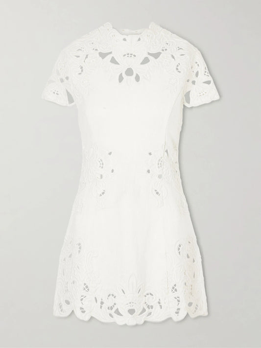 Image of Dresses. Product name - Zafira Guipure-lace Linen Mini Dress in Off-white colour by brand - Cult Gaia