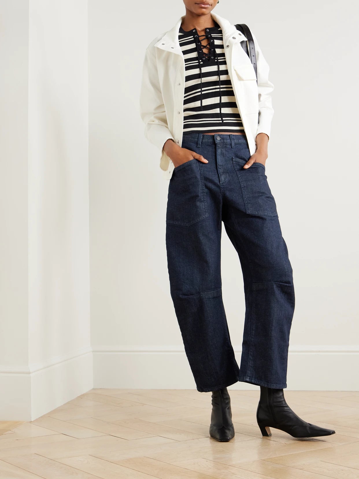Image of Jeans. Product name - Shon Boyfriend Jeans in Dark denim colour by brand - Nili Lotan