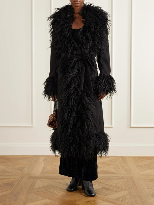 Image of Coats & Jackets. Product name - Belted Plush-trimmed Woven Coat in Black colour by brand - Anna Sui