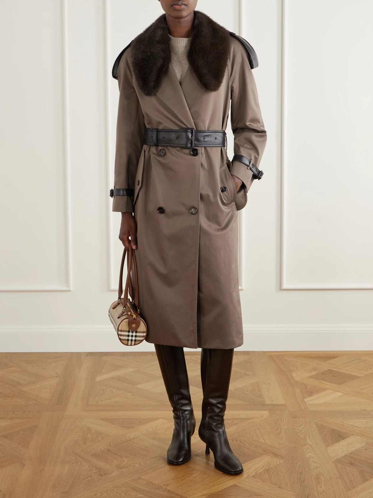 Image of Coats & Jackets. Product name - Leather And Plush-trimmed Cotton-gabardine Trench Coat in Brown colour by brand - Burberry