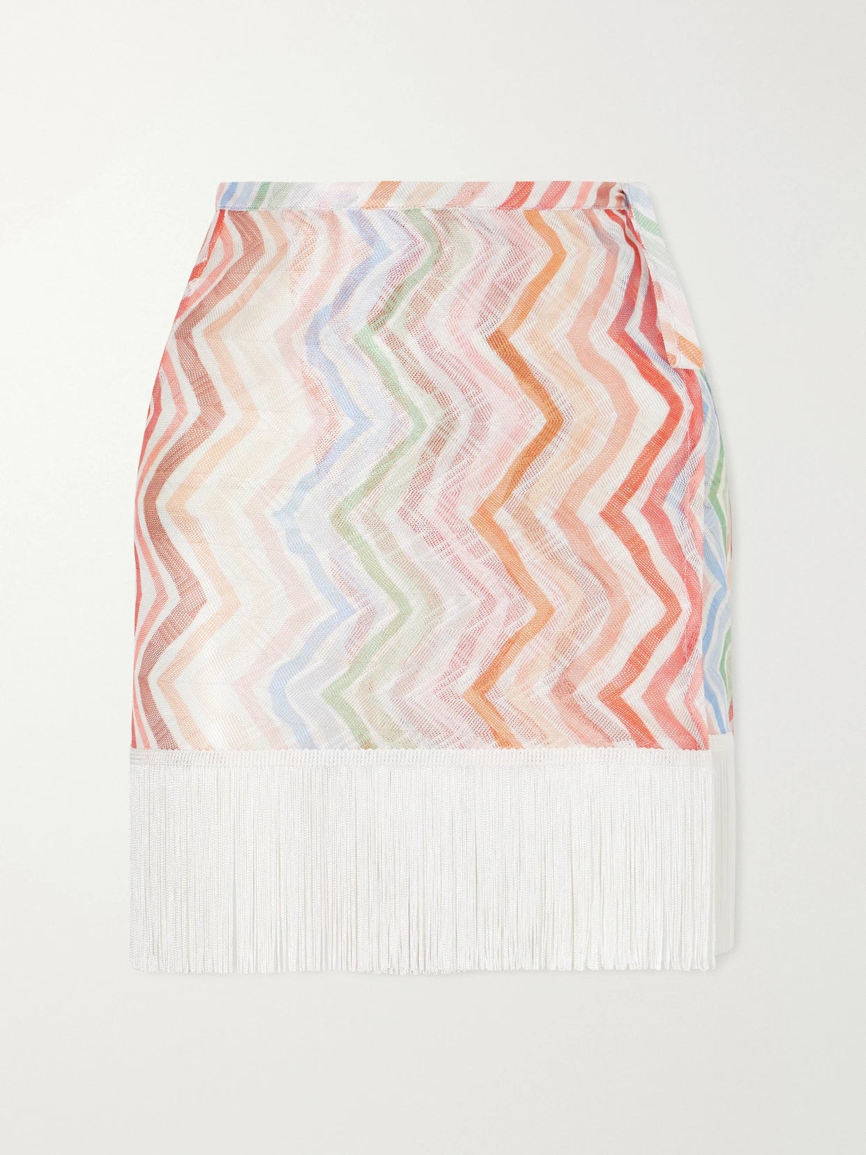 Image of a model wearing Skirts. Product name - Printed Fringed Crotchet-knit Mini Skirt in Pink colour by brand - Missoni