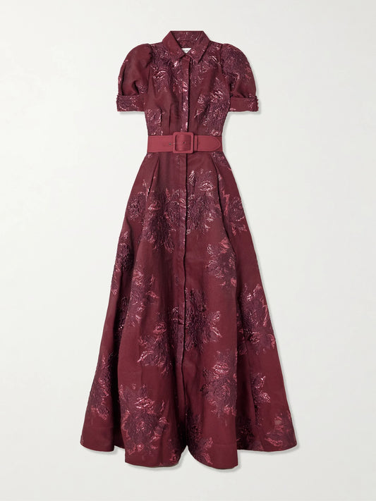 Arlette Belted Metallic Cloqué Gown