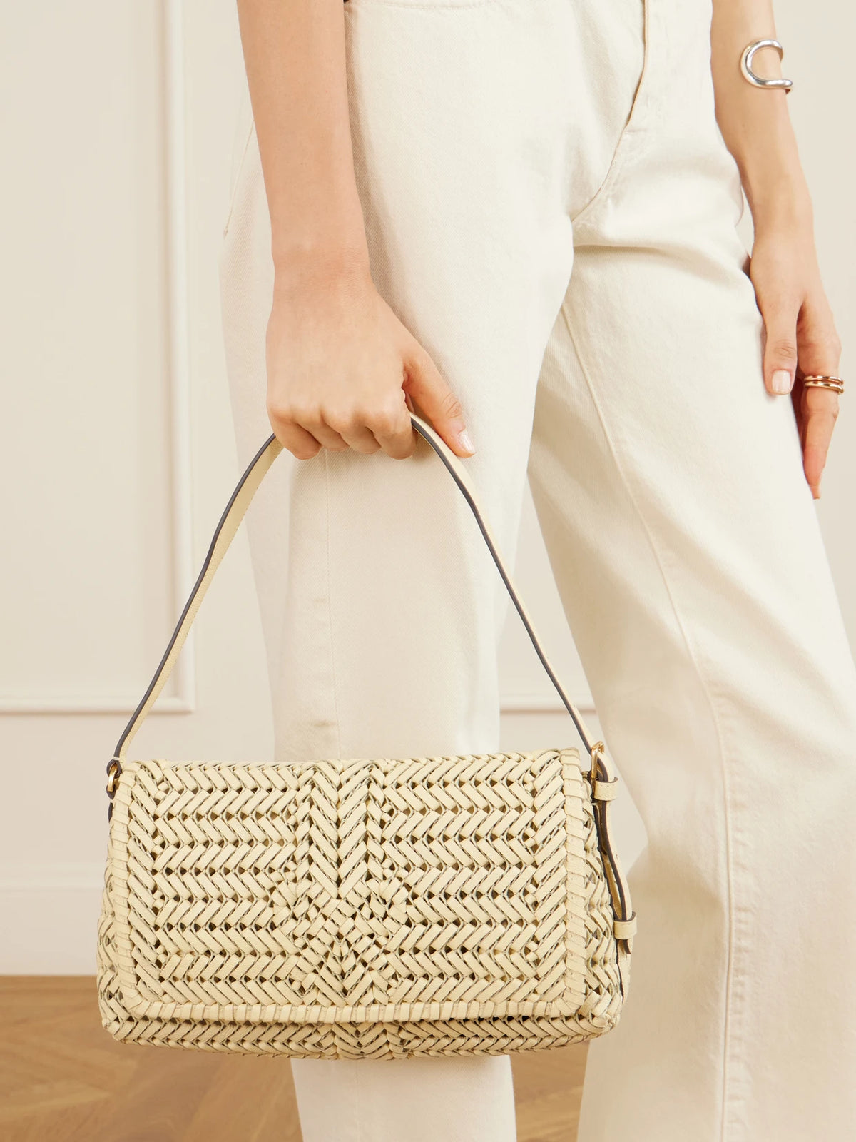 Image of Bags. Product name - The Nesson Woven Leather Shoulder Bag in Cream colour by brand - Anya Hindmarch
