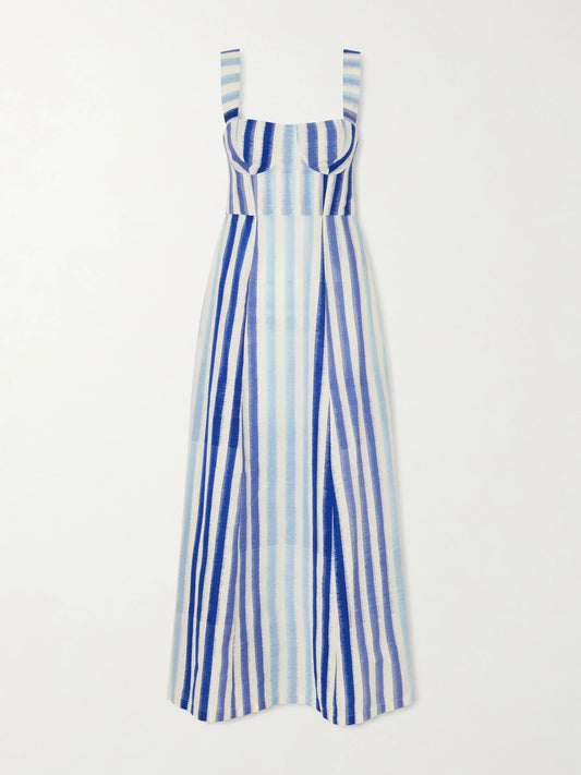 Image of Dresses. Product name - Azzurra Ikat Striped Cotton Midi Dress in Blue colour by brand - Emporio Sirenuse