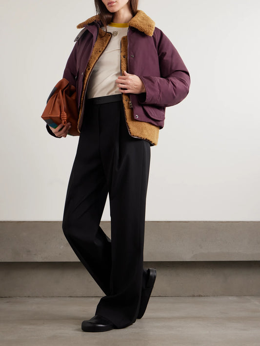 Image of Coats & Jackets. Product name - Shearling-lined Padded Cotton-blend Jacket in Burgundy colour by brand - LOEWE