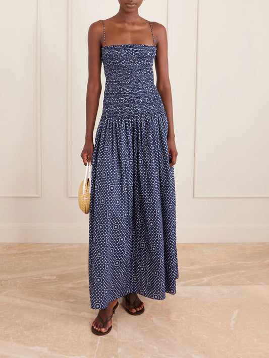 Image of Dresses. Product name - Shirred Printed Cotton Midi Dress in Blue colour by brand - Matteau