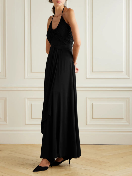 Belted Gathered Jersey Halterneck Maxi Dress